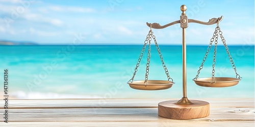 Golden scales of justice on a wooden table, seashore background