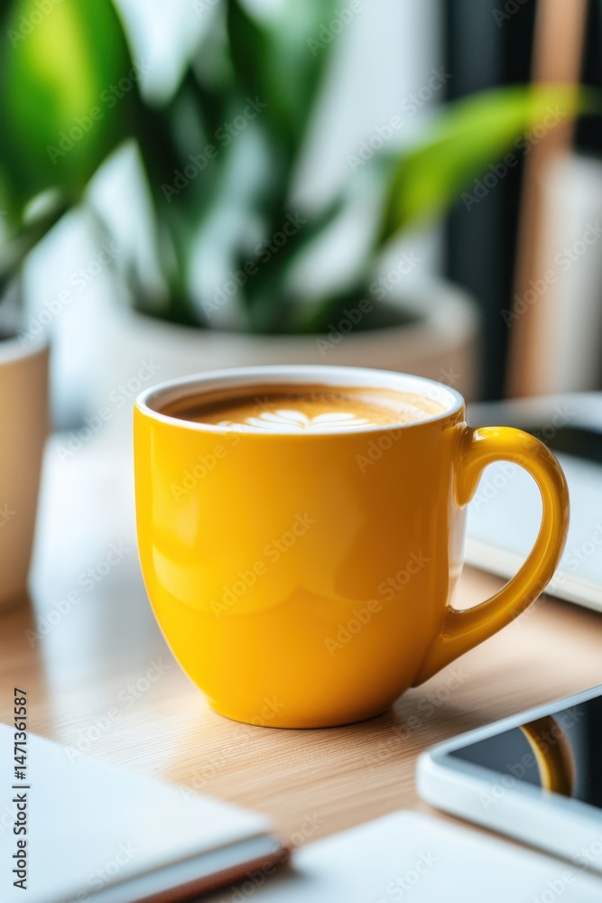 © Veronika - Bright yellow coffee cup on a table next to green plants in a cozy workspace during the morning