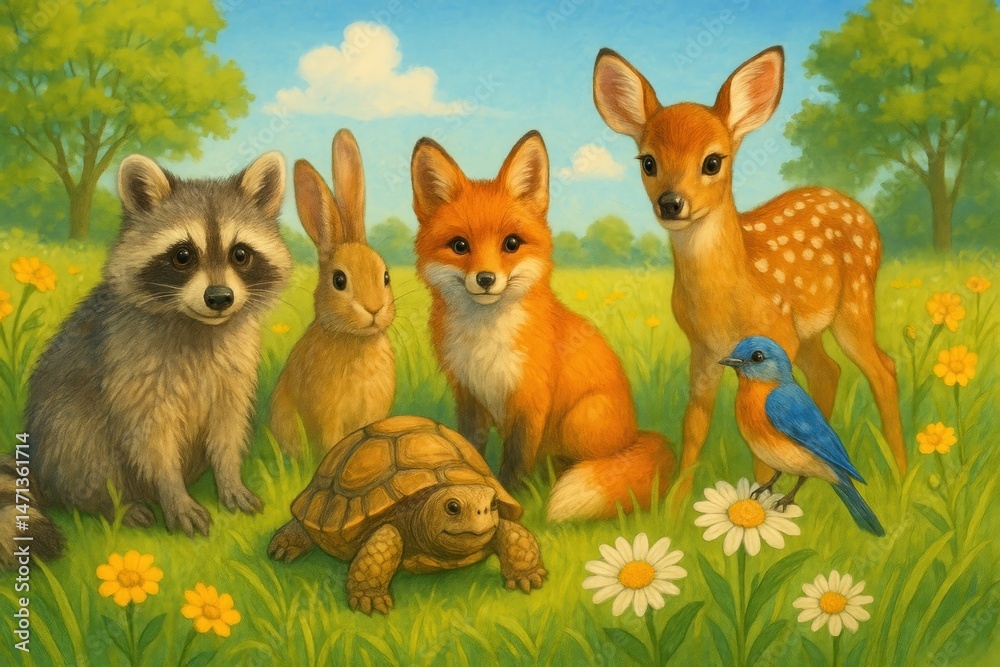 Fototapeta premium Charming woodland animals gathering peacefully.