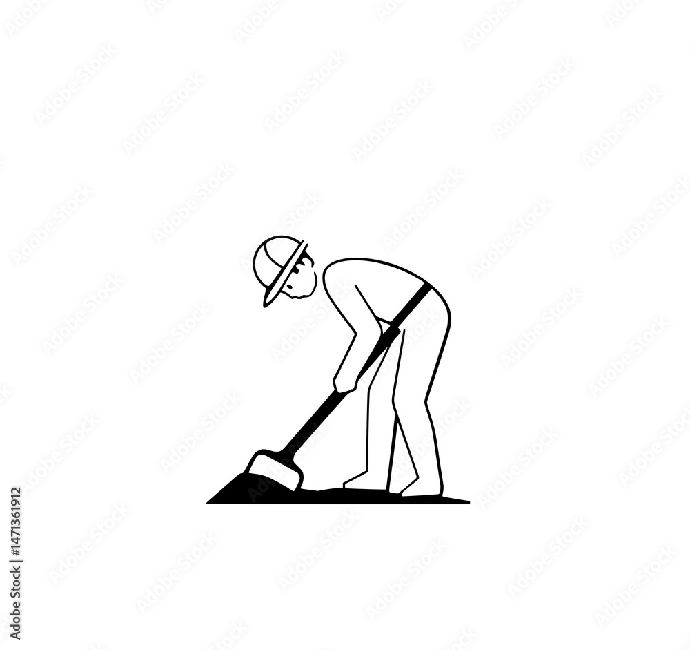 Fototapeta premium Worker Digging: A minimalist line art illustration of a construction worker diligently digging with a shovel, symbolizing hard work and dedication.