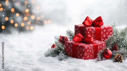 Festive red gift boxes surrounded by snow and christmas decorations