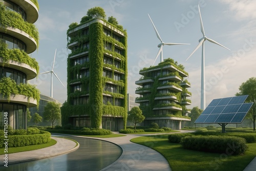 Green energy buildings with solar panels and turbines