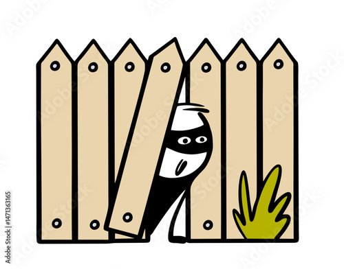 Cartoon man in a black mask has found a hole in the fence and is looking out onto a private property. Vector illustration of a thief going to rob a house or apartment.