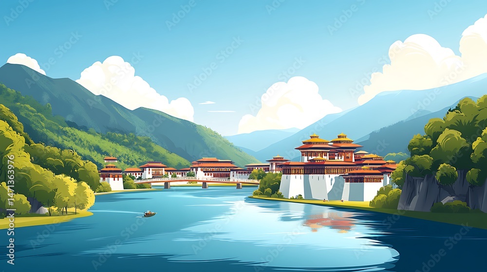 Fototapeta premium Bhutanese River Valley Landscape.