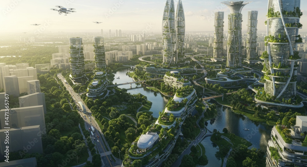 Obraz premium Aerial view of a sustainable futuristic city with lush greenery integrated into the architecture