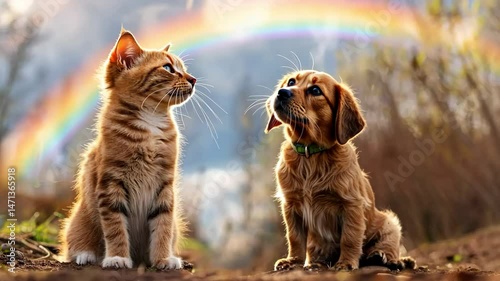 A kitten and a puppy sit side by side on grass, gazing at a rainbow in the sky