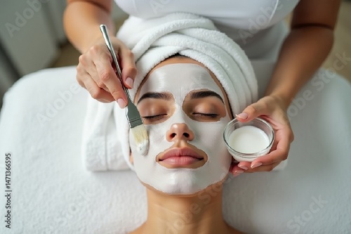 A woman receiving a facial treatment at a spa, with a professional applying a white creamy mask using a brush. AI generated.

