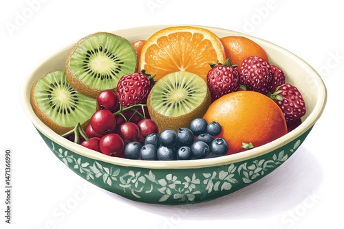 A bowl of mixed fruits, including sliced kiwi, orange, and berries, on a white background showcasing their vibrant colors