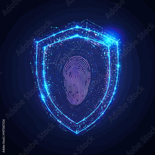 Digital neon blue polygonal shield with pink fingerprint biometric security concept futuristic technology and data protection illustration on dark background