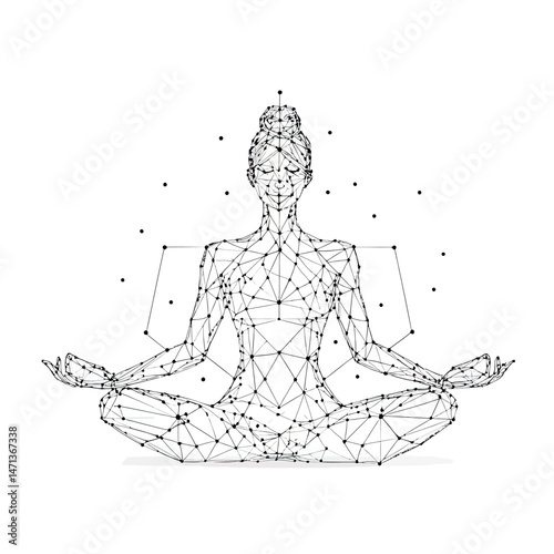 Abstract wireframe woman meditating in lotus pose with geometric polygonal lines and dots, mindfulness and inner peace concept vector illustration