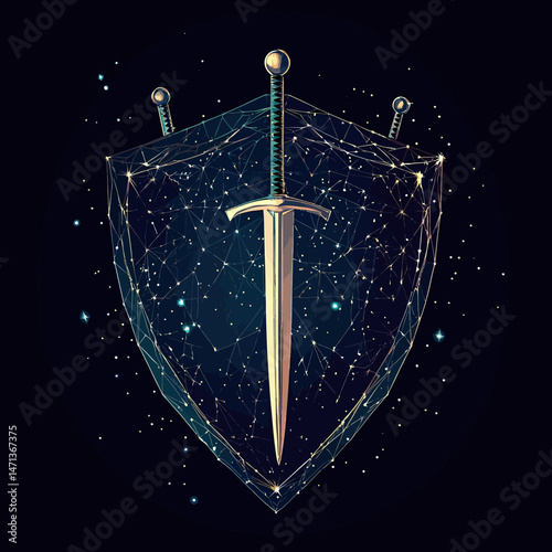 Polygonal digital shield and three swords with glowing cosmic network lines and starry dark background protection and security concept illustration