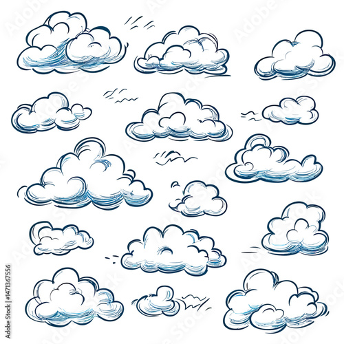 Hand drawn doodle cloud set with various fluffy outlined sketch style cumulus formations isolated on white background vector illustration collection of simple minimalist weather elements