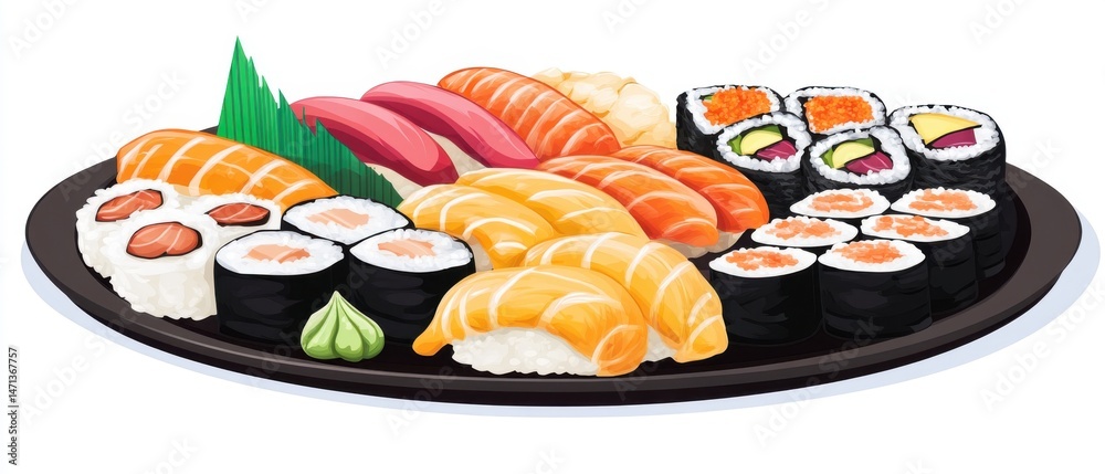 Naklejka premium Sushi platter assortment close up illustration of Japanese cuisine with salmon tuna and avocado rolls
