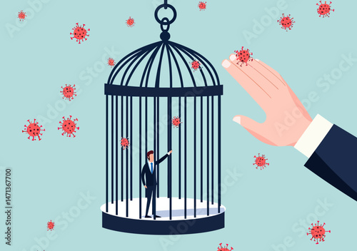 Hand unlocking bird cage with businessman inside surrounded by coronavirus particles symbolizing end of lockdown and business reopening after COVID-19 pandemic