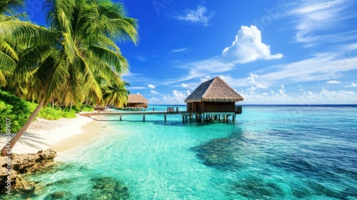 Tropical Tranquility Overwater Bungalows & Lush Vegetation on a Pristine Beach