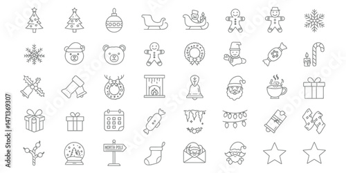 Christmas Holiday Season Festive and Elegant Vector Outline Icons Set	