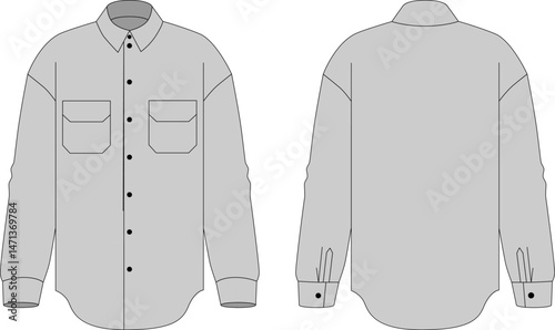 Detailed technical drawing of men's shirt with a pointed collar, long sleeves, front fastening and two chest pockets. Front and back view. Vector technical drawing.
