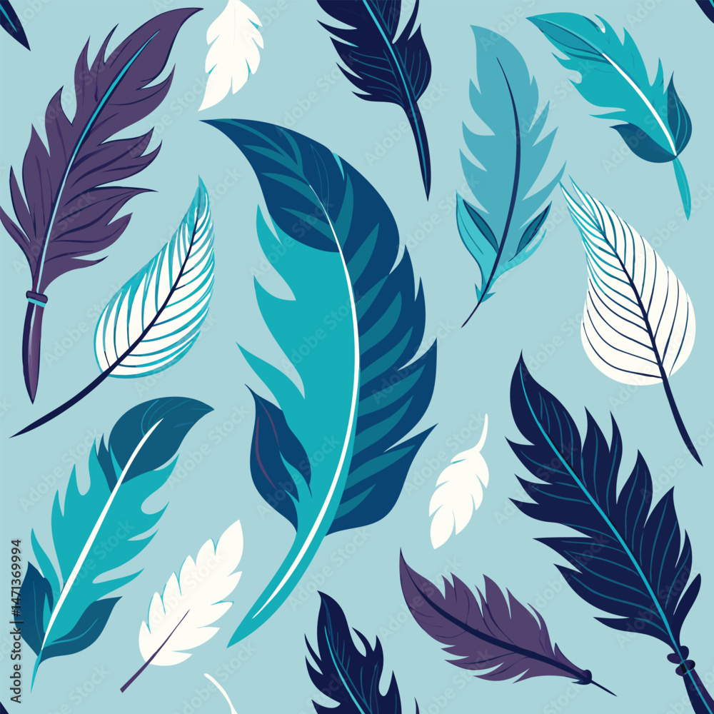 Fototapeta premium Elegant seamless feather texture in shades of blue and purple for various uses