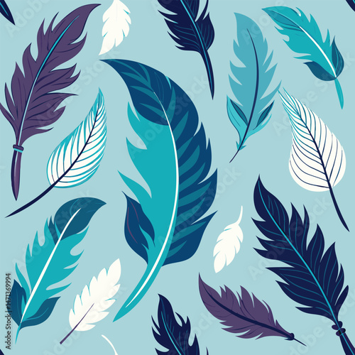 Elegant seamless feather texture in shades of blue and purple for various uses