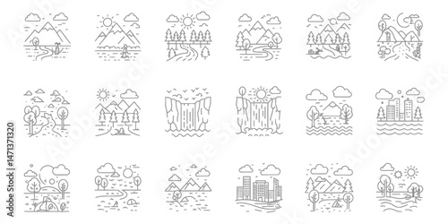 Various Landscape Designs Collection Line Art Style Concept	