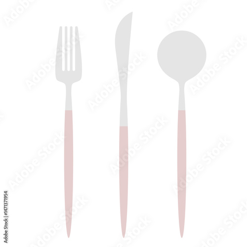 Modern Elegant Cutlery Illustration – Silver and Pink Fork, Spoon, and Knife Set