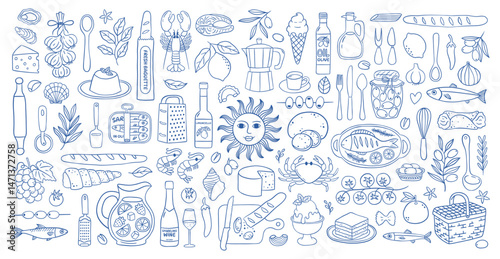 Hand drawn doodle mediterranean set with Italian food, ingredients and kitchen utensils in blue line style. Dolce vita Italian icon elements