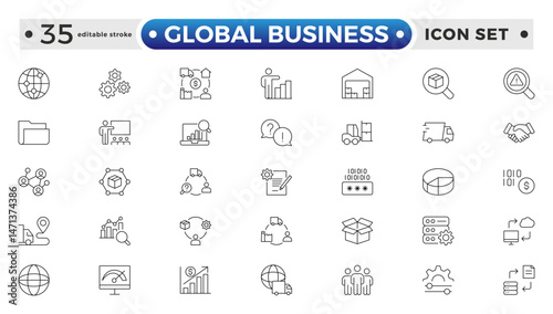 Global Business outline Icon Collection Glyph Color Style. marketing, economy, transaction, business service, leadership, and commission agent. Editable stroke outline icon.
