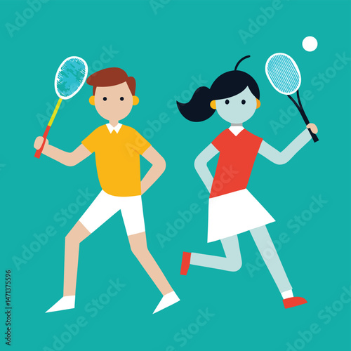 Badminton Players Dynamic Illustration of a Boy and Girl Playing Badminton
