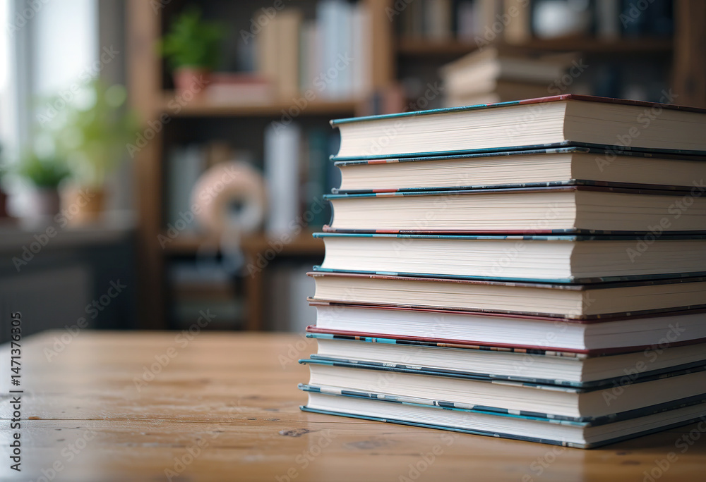 Fototapeta premium Stack of Books on a Wooden Table in a Cozy Study