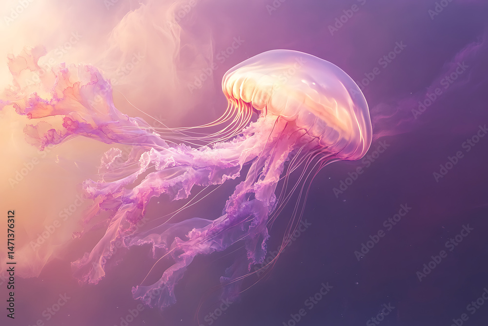 Fototapeta premium Ethereal jellyfish gracefully swims through a vibrant underwater scene, surrounded by colorful light
