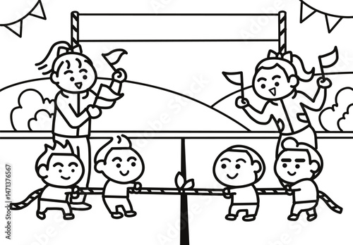 Children are playing tug of war at a sports day.