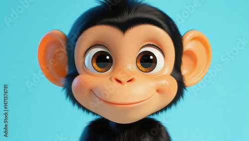 Cheerful Cartoon Chimp Portrait Against a Light Blue Background photo