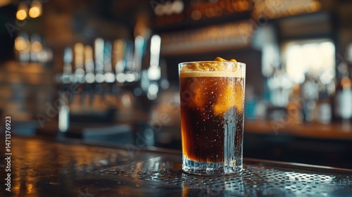 A refreshing dark beverage with ice sits on a wet bar top, illuminated by the soft ambient lighting of a blurred background bar creating a cool ambiance.
