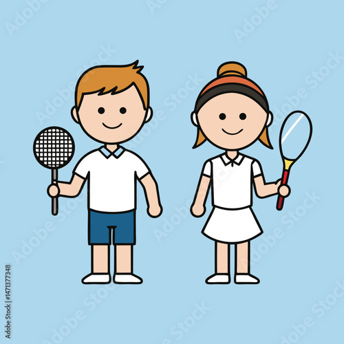 Kids Playing Badminton Fun Cartoon Illustration of Young Boy and Girl