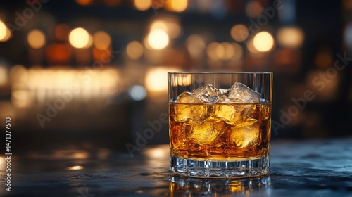 A glass of golden amber whiskey sits with ice cubes on a reflective bar surface with a warm bokeh background creating an inviting atmosphere for relaxation.