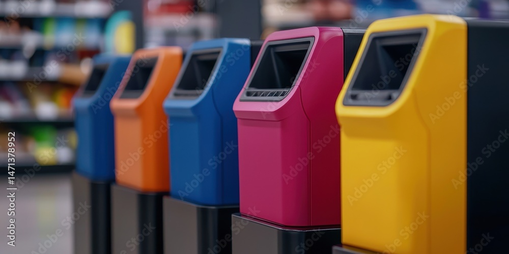 Fototapeta premium Colorful recycling bins arranged in a row for waste sorting in a modern indoor environment.