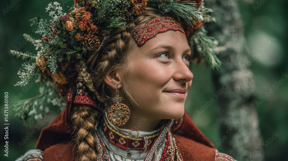 Fototapeta premium Portrait of a Young Woman in Traditional Red and Green Embroidered Costume with Floral Headpiece in a Forest Setting
