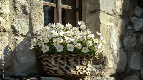 Beautiful white flowers in a basket on a stone windowsill, in a medieval village, on a sunny day