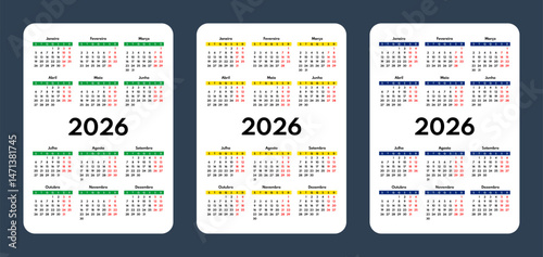 2026 pocket calendar set, simple vertical calendar design template, portuguese language month names, two weekends, monday first