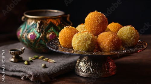 Delicious Motichoor Laddoo Indian Sweets Festive Treats Golden Delight Sweet Food Photography
