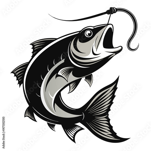 Monochromatic Illustration of a Large Fish on a Hook