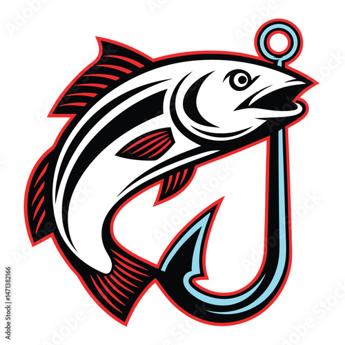 Striped Bass Fish on Hook Illustration Graphic Design