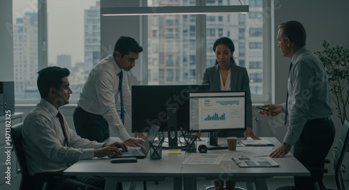 Diverse Business Team Meeting, Analyzing Data on Computer Screens