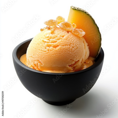 A cantaloupe and ginger ice cream scoop, soft orange in color with crystallized ginger pieces, 