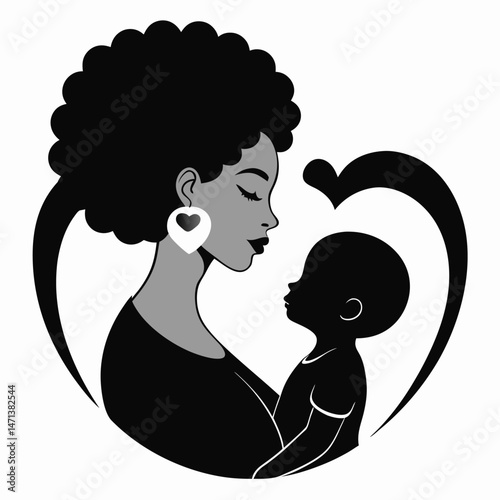 Black Mother and Baby Silhouette in Heart Shape
