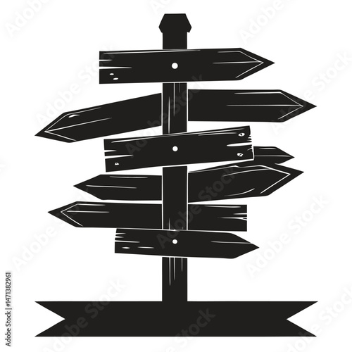 Multiple Direction Wooden Signpost Illustration Black and White