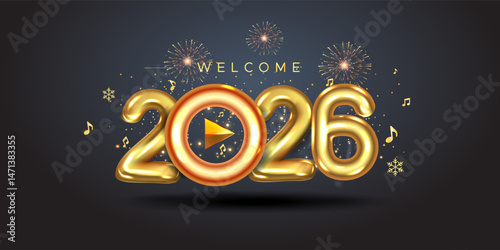 Happy New Year 2026 card. 3D Golden Number, Welcome typo fireworks background with music notes vector illustration.