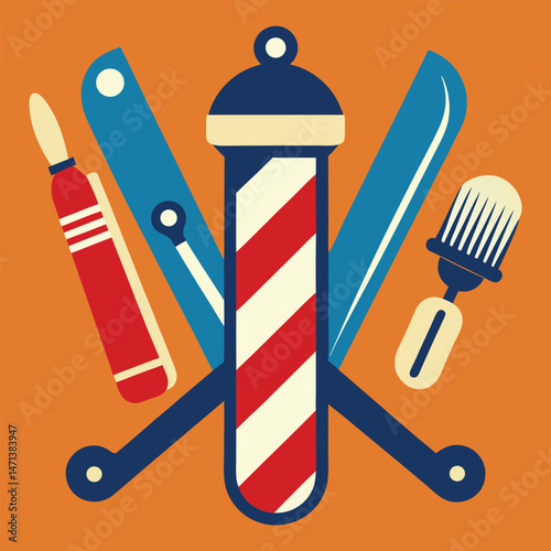 Barbershop Pole with Classic Tools Stylized Illustration