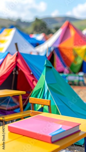 Vibrant outdoor scene with colorful tents and a pink book on a yellow table, perfect for summer camp themes and creative projects