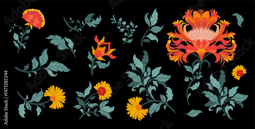 Vintage Mughal Floral Elements Set Traditional Indian Botanical Ornaments for Textile, Print, and Decor Design